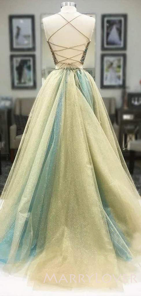 Two Pieces A-line Tulle Beaded Long Evening Prom Dresses, Cheap Custom Prom Dress, MR7683
