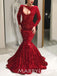Mermaid Red Sequin Long Sleeves Long Evening Prom Dresses, Cheap Custom Prom Dresses, MR7687