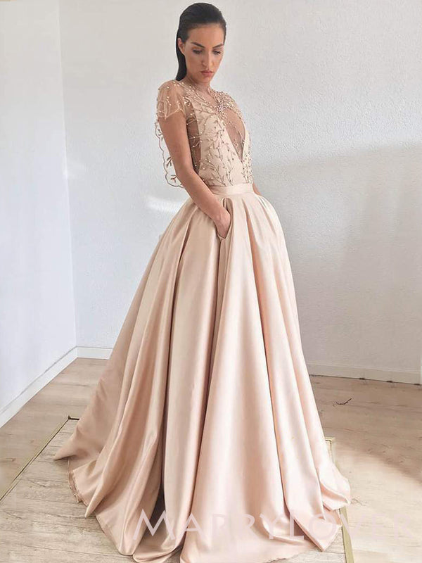A-line Chic Jewel Embroidery Champagne Satin Long Evening Prom Dresses MarryLover A-line Chic Jewel Embroidery Champagne Satin Long Evening Prom Dresses MarryLover