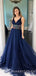 A-Line V-neck Navy Blue Tulle Beaded Long Evening Prom Dresses, Cheap Custom Prom Dresses, MR7691