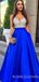 A-line Royal Blue Satin V Neck Beaded Long Evening Prom Dresses, Cheap Custom prom dresses, MR7692
