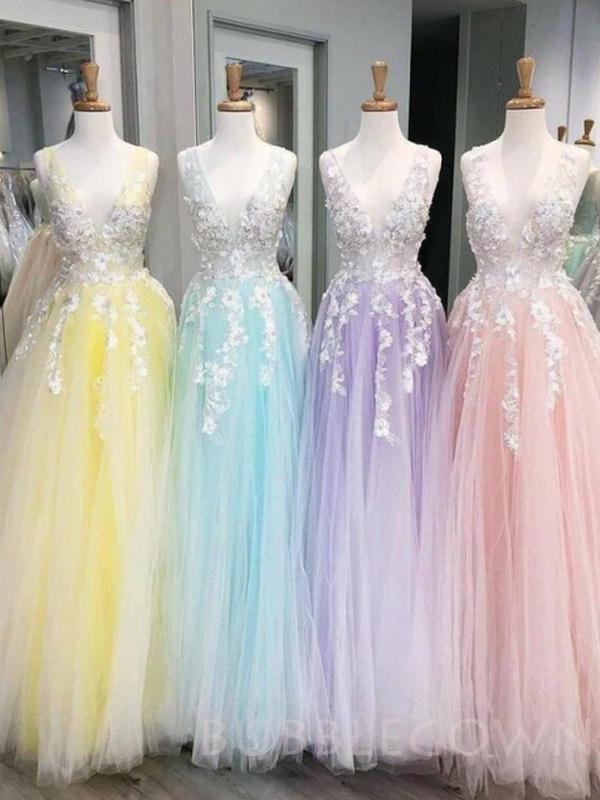 Pink Tulle A-line V Neck Appliques Long Lace Evening Prom Dresses, Cheap Custom Prom Dresses, MR7697