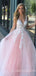 Pink Tulle A-line V Neck Appliques Long Lace Evening Prom Dresses, Cheap Custom Prom Dresses, MR7697