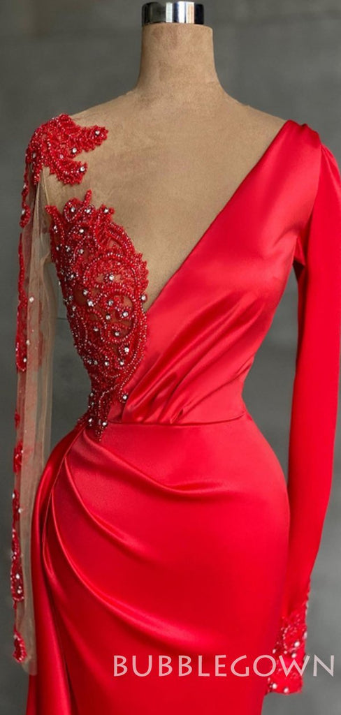 Mermaid Red Satin V-neck Appliques Long Evening Prom Dresses, Cheap Custom prom dresses, MR7705