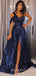 Navy Blue Sequin One Shoulder A-line High Slit Long Evening Prom Dresses, Cheap Custom Prom Dresses, MR7708