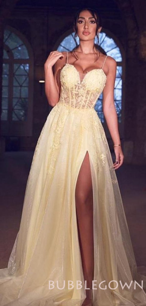See Throuth A-line Spaghetti Straps Yellow Tulle Lace Long Evening Prom Dresses, Cheap Custom Prom Dresses, MR7713