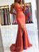 Coral Satin Spaghetti Straps Mermaid Long Evening Prom Dresses, Cheap Custom prom dresses, MR7719