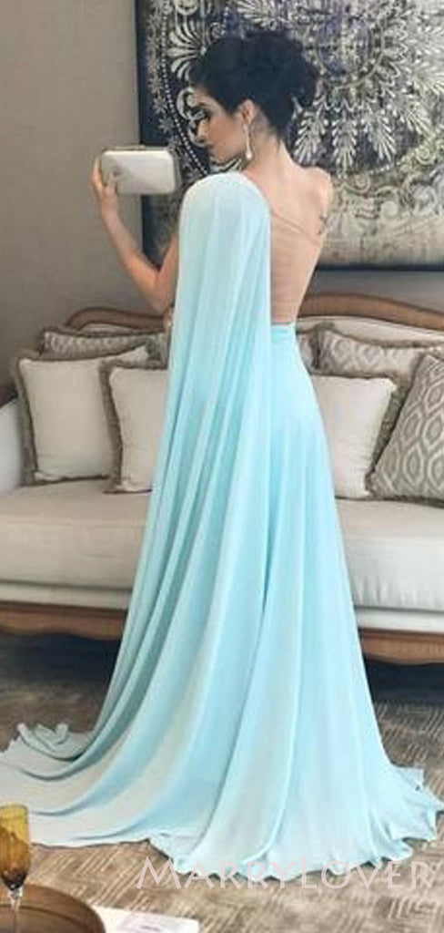 One Shoulder Blue Chiffon A-line Long Evening Prom Dresses, Cheap Custom Prom Dresses, MR7721