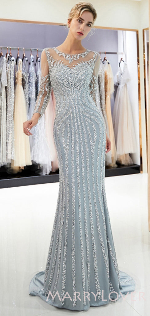 Long Sleeves Mermaid Beaded Luxury Silver Long Evening Prom Dresses, Cheap Custom Prom Dresses, MR7724
