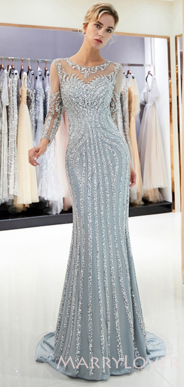 cheap silver long dresses Gorgeous Silver Long Sleevess Long Prom Party Gowns