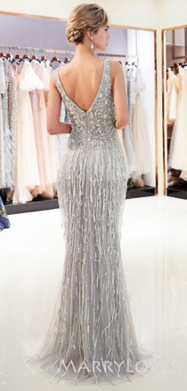 Mermaid V-neck Beaded Luxury Silver Long Evening Prom Dresses, Cheap Custom Prom Dresses, MR7728