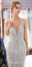 Mermaid V-neck Beaded Luxury Silver Long Evening Prom Dresses, Cheap Custom Prom Dresses, MR7728