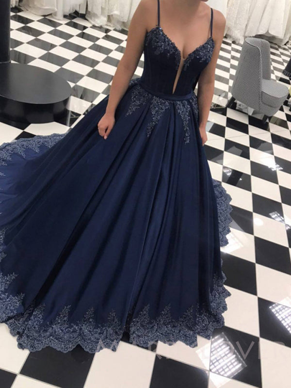 A-line Navy Blue Tulle Appliques Ball Gown Lace Long Evening Prom Dresses, Cheap Custom Prom Dresses, MR7730