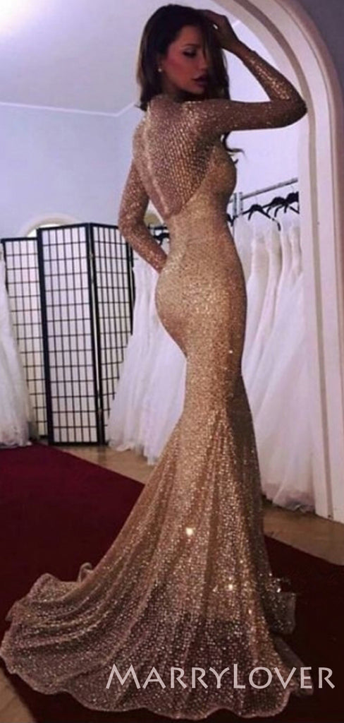Elegant Mermaid Champagne Gold Sequin Long Sleeves Long Evening Prom Dresses, Cheap Custom Prom Dresses, MR7733