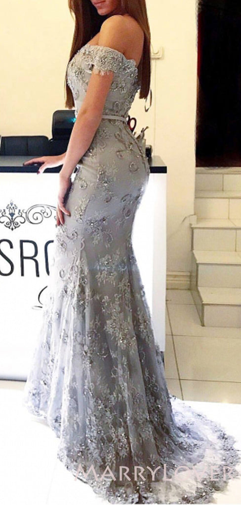 Off Shoulder Mermaid Grey Tulle Lace Appliques Long Evening Prom Dresses, Cheap Custom Prom dresses, MR7735