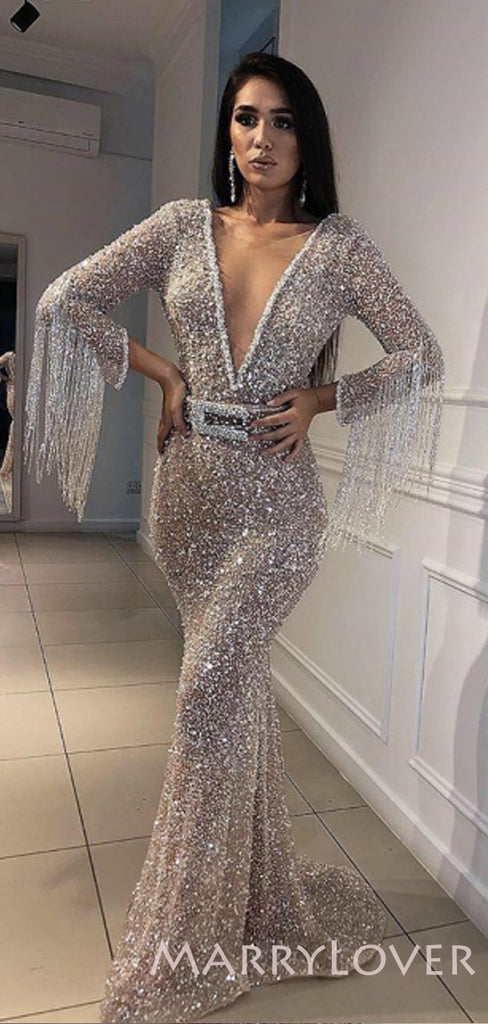See Throuth Long Sleeves Beaded V-neck Long Evening Prom Dresses, Cheap Prom Dresses, MR7739