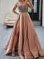 A-line Satin V Neck Beaded high slit Long Evening Prom Dresses, Cheap Custom prom dresses, MR7745