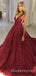 A-line Burgundy Sequin Deep V-neck Long Mermaid Evening Prom Dresses, Cheap Custom Prom Dresses, MR7746