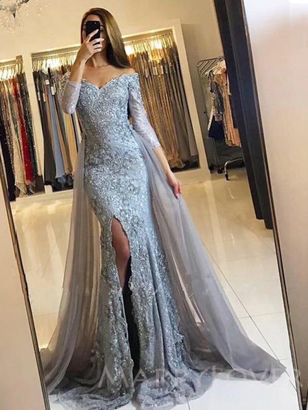 Off Shoulder Mermaid Grey Lace Side Slit Long Sleeves Long Evening Prom Dresses, MR7757
