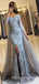 Off Shoulder Mermaid Grey Lace Side Slit Long Sleeves Long Evening Prom Dresses, MR7757
