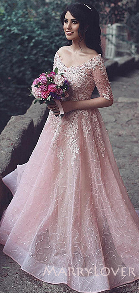 A-line Pink Tulle Appliques Lace Long Evening Prom Dresses, Cheap Custom Prom Dresses, MR7767