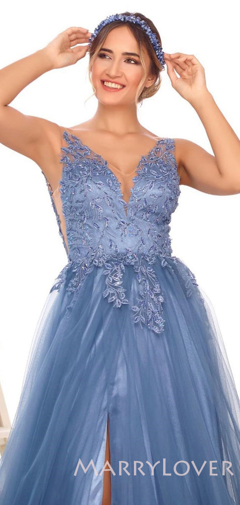 A-line Dusty Blue Tulle Lace Long Appliques Evening Prom Dresses, Cheap Custom Prom Dresses, MR7775