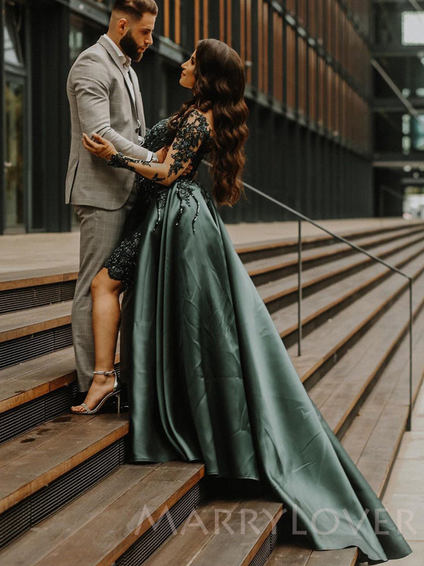A-line Dark Green Satin Appliques Long Evening Prom Dresses, Cheap Cus MarryLover A-line Dark Green Satin Appliques Long Evening Prom Dresses, Cheap Cus MarryLover