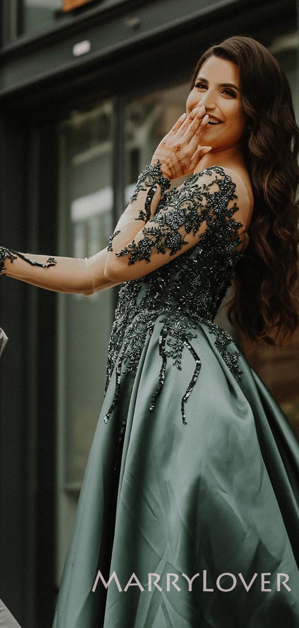 A-line Dark Green Satin Appliques Long Evening Prom Dresses, Cheap Cus MarryLover A-line Dark Green Satin Appliques Long Evening Prom Dresses, Cheap Cus MarryLover