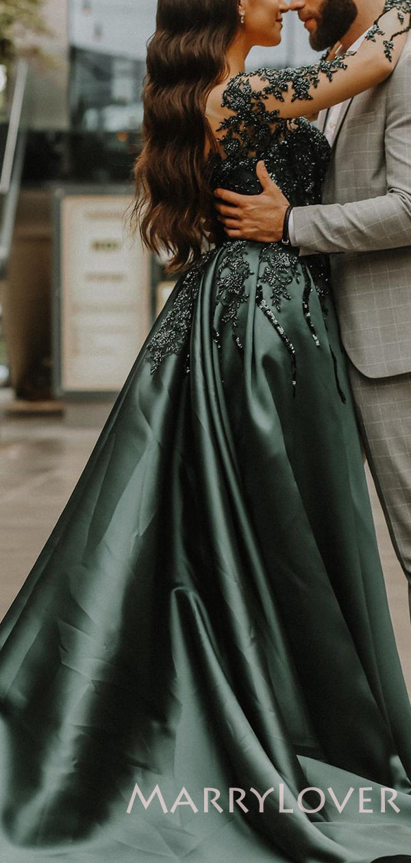 A-line Dark Green Satin Appliques Long Evening Prom Dresses, Cheap Cus MarryLover A-line Dark Green Satin Appliques Long Evening Prom Dresses, Cheap Cus MarryLover