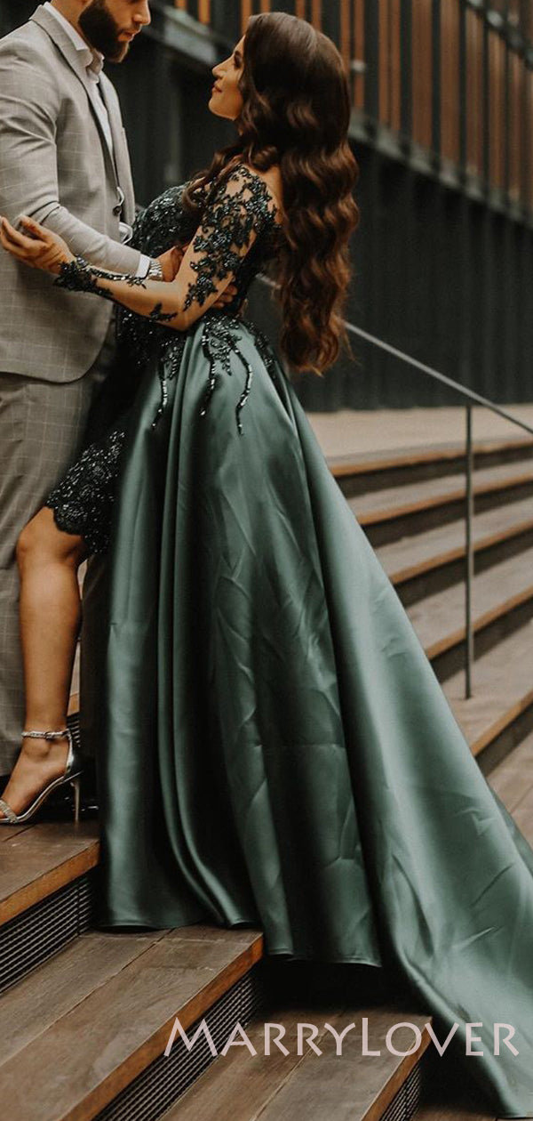 A-line Dark Green Satin Appliques Long Evening Prom Dresses, Cheap Cus MarryLover A-line Dark Green Satin Appliques Long Evening Prom Dresses, Cheap Cus MarryLover