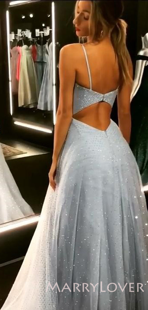 A-Line Spaghetti Straps Silver Sparkly Sweetheart Long Evening Prom Dresses, Cheap Custom Dresses,MR7783