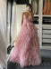 A-line Pink Tulle V-neck Pleat Simple Spaghetti Straps Long Evening Prom Dresses, Cheap Custom Prom Dress, MR7791