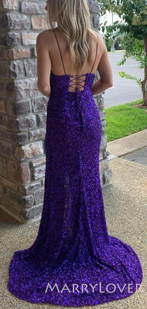 Mermaid Purple Sequin Spaghetti Straps Long Evening Prom Dresses, Cheap Custom Prom Dresses, MR7796