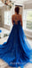 Blue Tulle A-line Spaghetti Straps Appliques Lace Long Evening Prom Dresses, MR7797