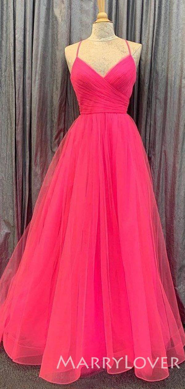 Hot Pink Tulle A-line V-neck Pleat Spaghetti Straps Long Evening Prom Dresses, Cheap Custom Prom Dress, MR7802 Hot Pink Tulle A-line V-neck Pleat Spaghetti Straps Long Evening Prom Dresses, Cheap Custom Prom Dress, MR7802