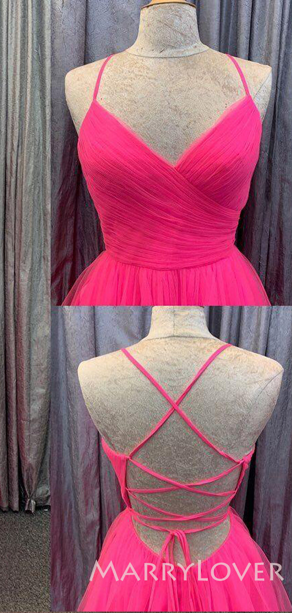 Hot Pink Tulle A-line V-neck Pleat Spaghetti Straps Long Evening Prom MarryLover Hot Pink Tulle A-line V-neck Pleat Spaghetti Straps Long Evening Prom MarryLover