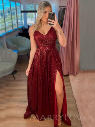 A-line Burgundy Sequin Spaghetti Straps Long Evening Prom Dresses, Cheap Custom Prom Dresses, MR7803