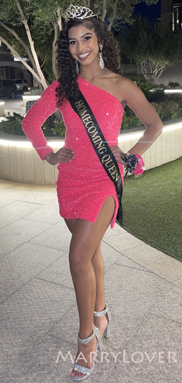 One Shoulder Long Sleeves Hot Pink Sequin Short Evening Prom Dresses, MarryLover One Shoulder Long Sleeves Hot Pink Sequin Short Evening Prom Dresses, MarryLover