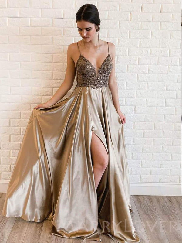 A-line Champagne Satin Spaghetti Straps Long Backless Evening Prom Dresses, MR7810