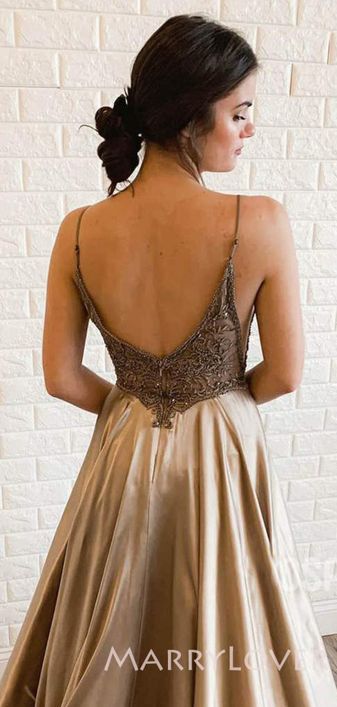 A-line Champagne Satin Spaghetti Straps Long Backless Evening Prom Dresses, MR7810