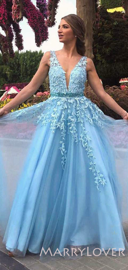 A-line Blue Tulle Appliques Lace Long Evening Prom Dresses, Cheap Custom Prom Dresses, MR7811