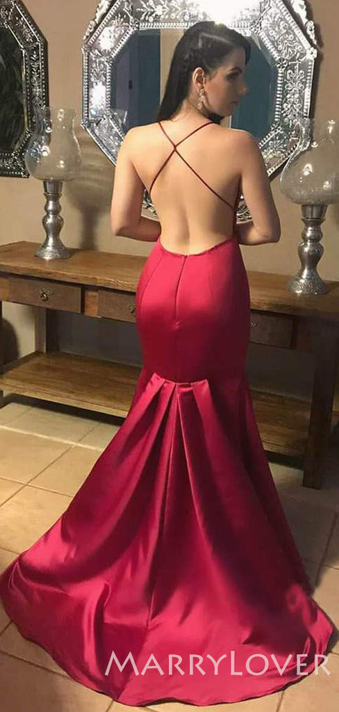 Sexy Deep V-neck Burgundy Satin Mermaid Long Evening Prom Dresses, Cheap Custom Prom Dresses, MR7815