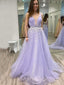 Lilac Tulle Deep V-neck Beaded Long Evening Prom Dresses, Cheap Custom Prom Dress, MR7817