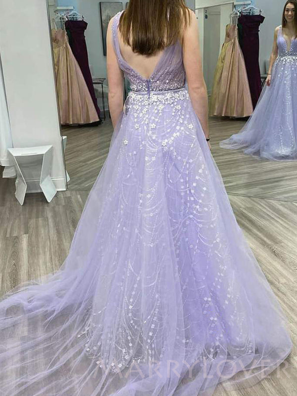 Lilac Tulle Deep V-neck Beaded Long Evening Prom Dresses, Cheap Custom MarryLover Lilac Tulle Deep V-neck Beaded Long Evening Prom Dresses, Cheap Custom MarryLover