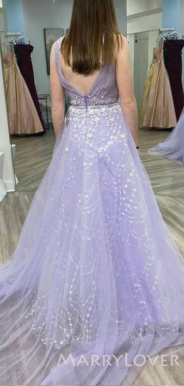 Lilac Tulle Deep V-neck Beaded Long Evening Prom Dresses, Cheap Custom MarryLover Lilac Tulle Deep V-neck Beaded Long Evening Prom Dresses, Cheap Custom MarryLover