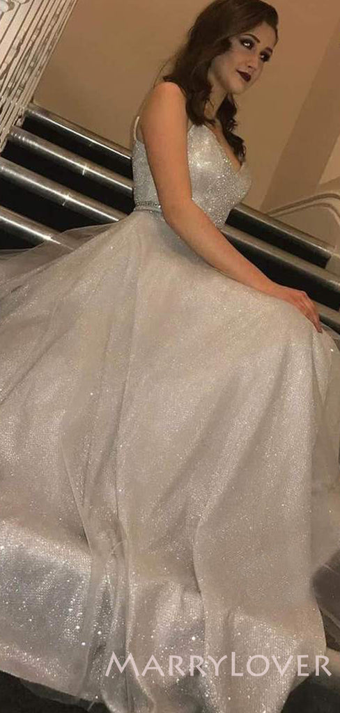 A-line Silver Tulle Sparkly Spaghetti Straps Long Evening Prom Dresses, Cheap Custom Prom Dress, MR7820