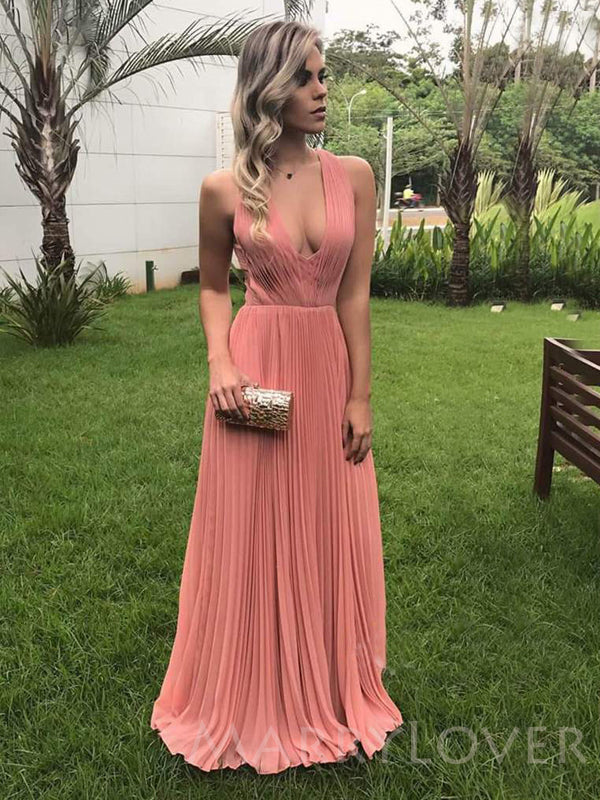 A-line Coral Chiffon V-neck Long Evening Prom Dresses, Cheap Custom Pr MarryLover A-line Coral Chiffon V-neck Long Evening Prom Dresses, Cheap Custom Pr MarryLover