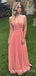 A-line Coral Chiffon V-neck Long Evening Prom Dresses, Cheap Custom Prom Dresses, MR7823
