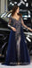 A-line Long Sleeves NavyBlue Tulle Appliques Lace Long Evening Prom Dresses, MR7826