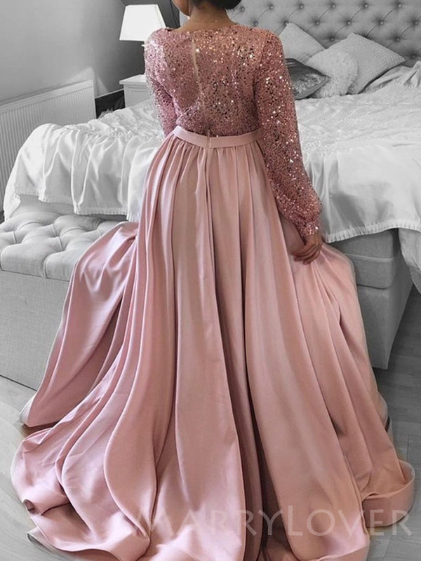 A-line Long Sleeves Pink Satin Sequin Long Evening Prom Dresses, Cheap – MarryLover